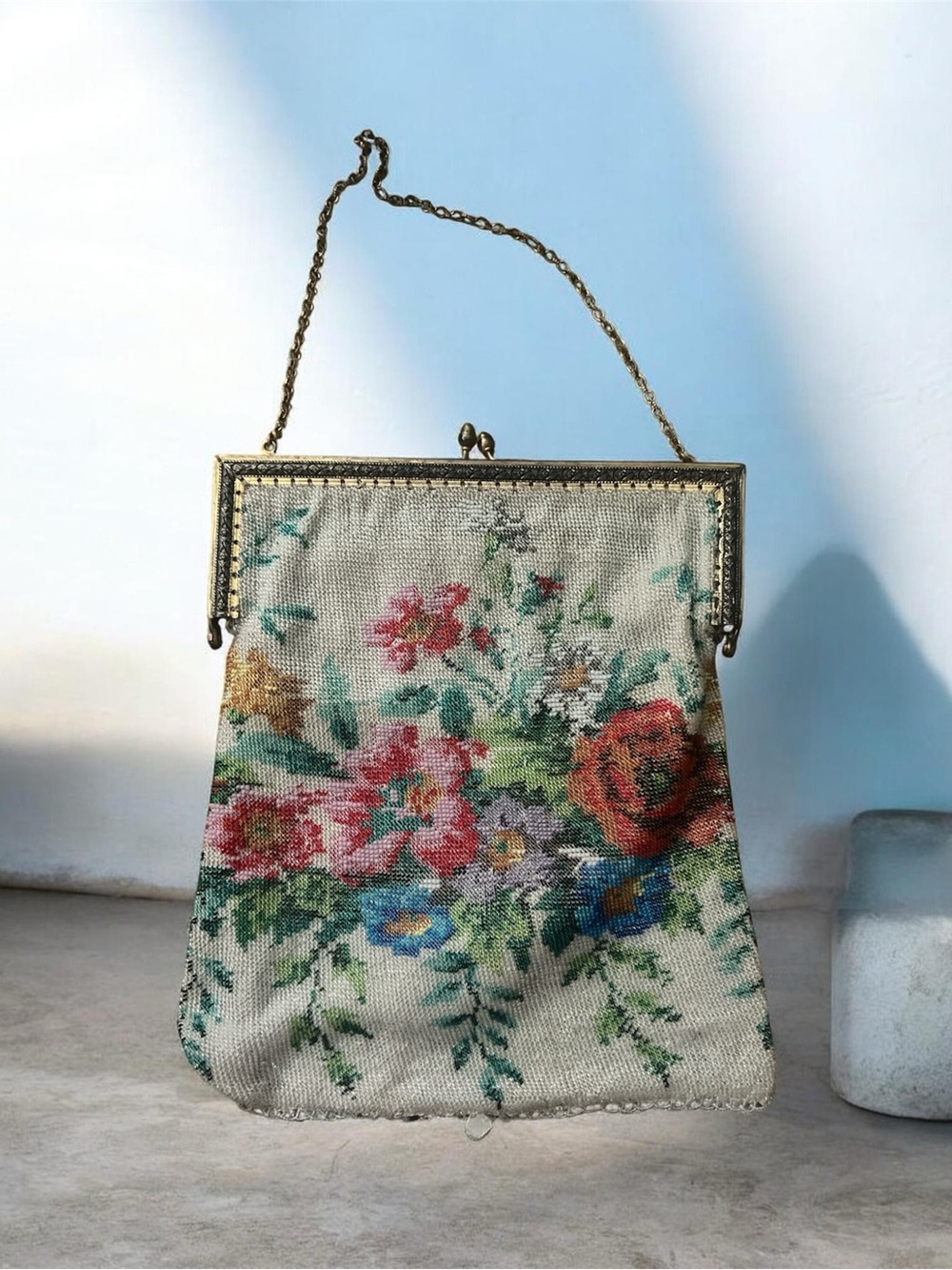 Vintage Floral Beaded Evening Bag - Cream with Multicolor Floral Pattern